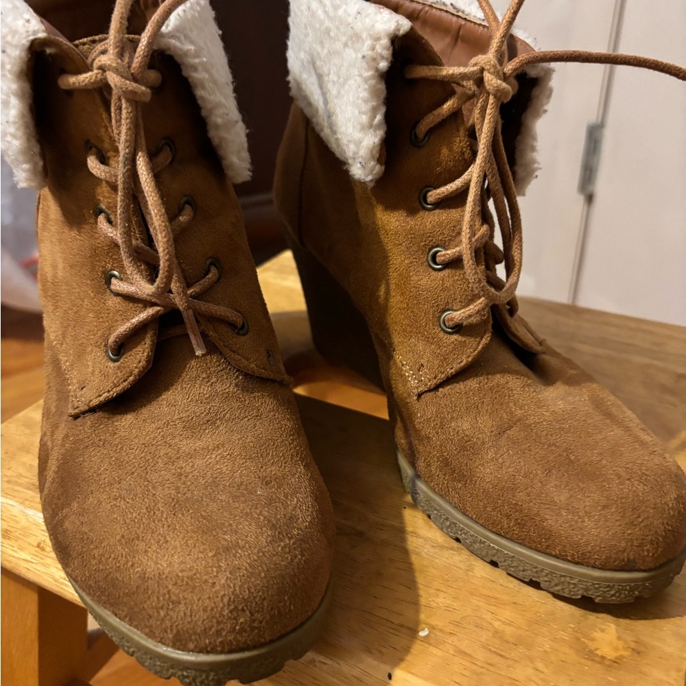 Rampage Brown Lace Up Booties with White Cuff - Picture 5 of 7